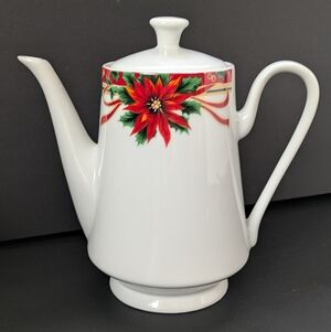 Christmas Teapot Poinsettia By Sunflower Fine Porcelain Festive Holiday Floral